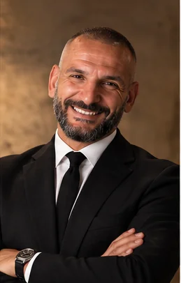 Ritratto di Filippo Adriano Marinelli a braccia conserte, su sfondo bronzo.